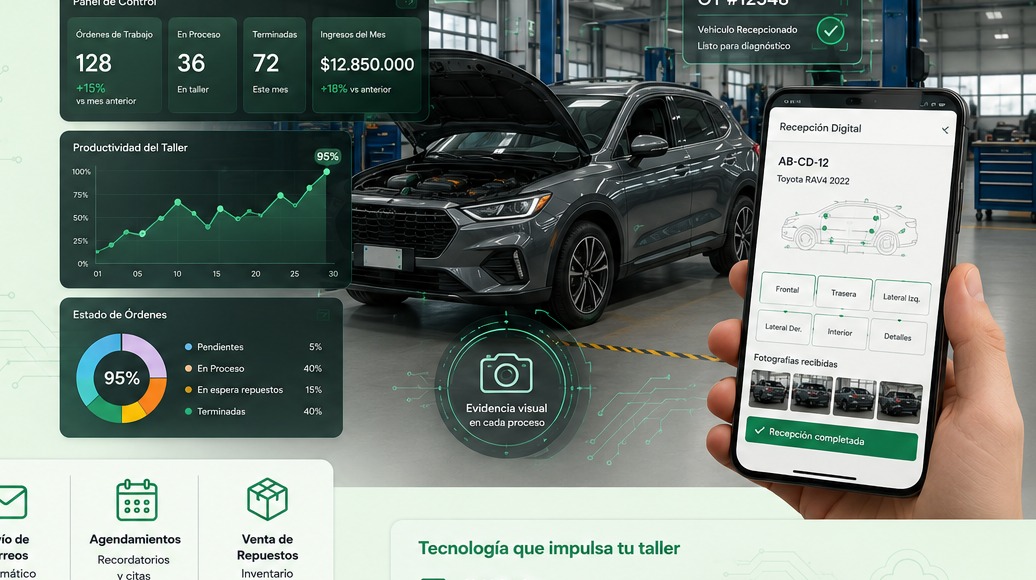 Vehículo en taller con paneles de control y recepción digital ATMWIN